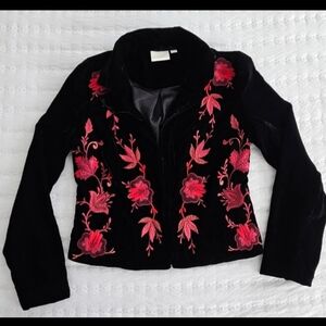 Anthropologie Black Blazer with Pink Floral Embroidery